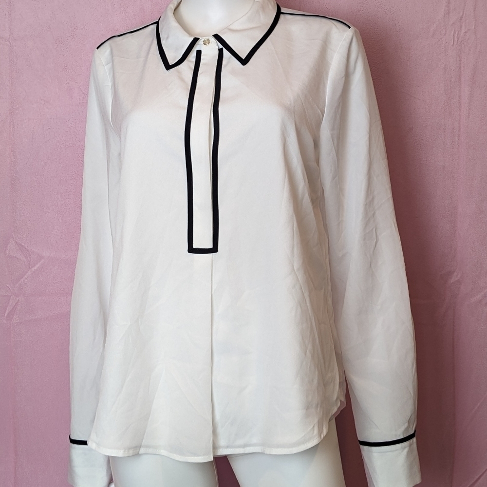 Tommy Hilfiger Long Sleeve Preppy Contrast Trim Long Sleeve Blouse Size Large